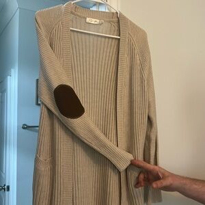 Tan open cardigan with elbow patches